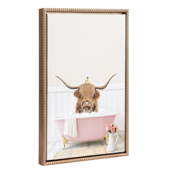 kate & laurel Sylvie Beaded Highland Cow with Duckling Cottage Rose Bath Framed Canvas by Amy Peterson
