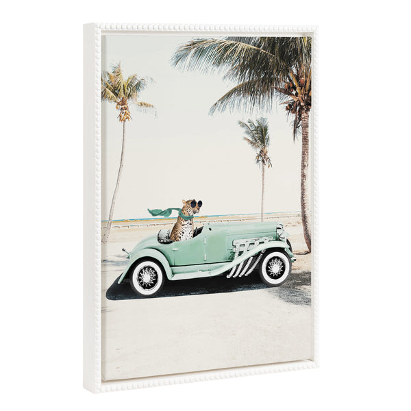 Kate & Laurel Sylvie Beaded Leopard In Car Beach Palms Framed Canvas By July Art Prints