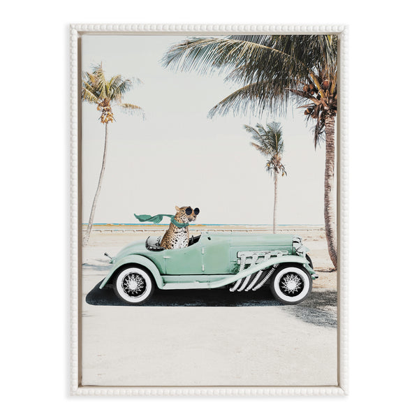 Kate & Laurel Sylvie Beaded Leopard In Car Beach Palms Framed Canvas By July Art Prints