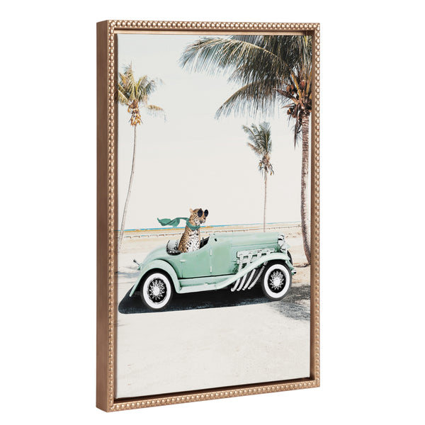 kate & laurel Sylvie Beaded Leopard in Car Beach Palms Framed Canvas by July Art Prints