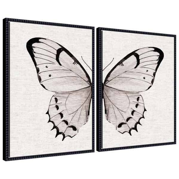 Kate & Laurel Sylvie Beaded Minimal Butterfly Watercolor Neutral Linen - 2 Piece Framed Canvas Art Set By The Creative Bunch Studio