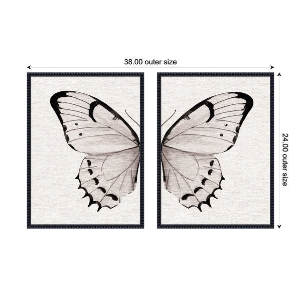 Kate & Laurel Sylvie Beaded Minimal Butterfly Watercolor Neutral Linen - 2 Piece Framed Canvas Art Set By The Creative Bunch Studio