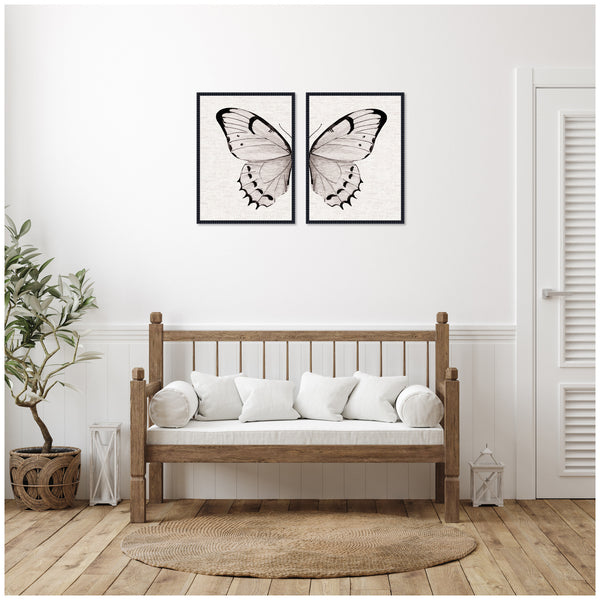 Kate & Laurel Sylvie Beaded Minimal Butterfly Watercolor Neutral Linen - 2 Piece Framed Canvas Art Set By The Creative Bunch Studio