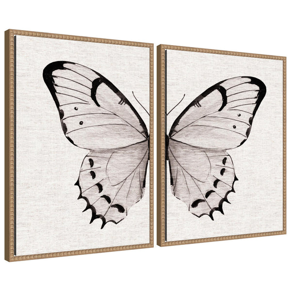 kate & laurel Sylvie Beaded Minimal Butterfly Watercolor Neutral Linen - 2 Piece Framed Canvas Art Set by The Creative Bunch Studio