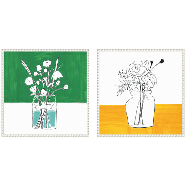 kate & laurel Sylvie Beaded Minimalist Floral Vase Green and Yellow Framed Canvas Art Set by Teju Reval
