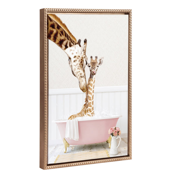 Kate & Laurel Sylvie Beaded Mother And Baby Giraffe In Cottage Rose Bath Framed Canvas By Amy Peterson