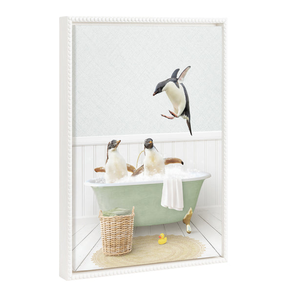 Kate & Laurel Sylvie Beaded Penguins In Cottage Bath Framed Canvas By Amy Peterson