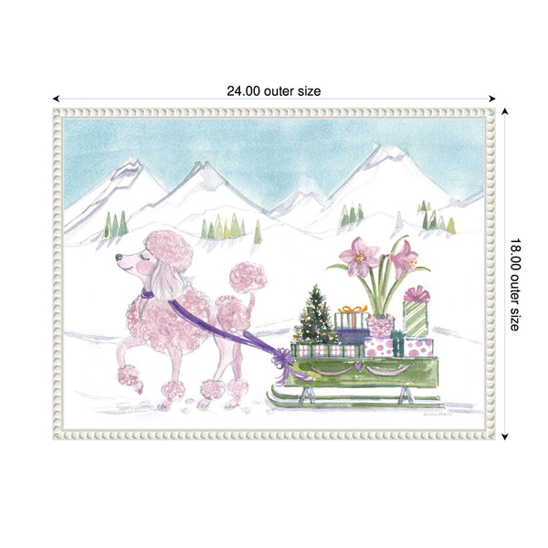 Kate & Laurel Sylvie Beaded Pink Poodle And Present Sled Framed Canvas By Patricia Shaw