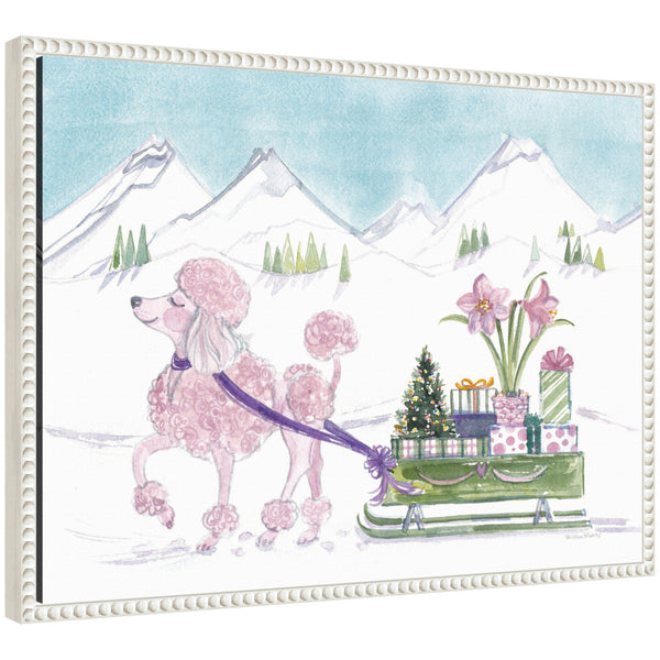 kate & laurel Sylvie Beaded Pink Poodle and Present Sled Framed Canvas by Patricia Shaw