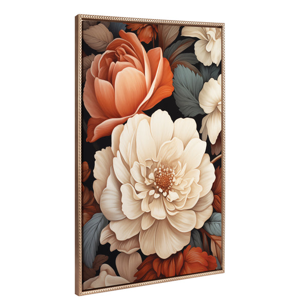 kate & laurel Sylvie Beaded Romantic Ivory and Peach Flora Framed Canvas by The Creative Bunch Studio