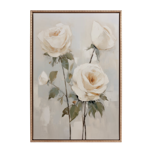 Kate & Laurel Sylvie Beaded Soft White Roses Framed Canvas By The Creative Bunch Studio