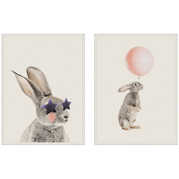 Kate & Laurel Sylvie Beaded The Bunny Star Glasses And The Bunny Pink Balloon Framed Canvas Art Set By July Art Prints