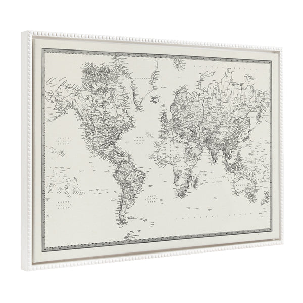 kate & laurel Sylvie Beaded Vintage Black and White World Map Framed Canvas by The Creative Bunch Studio