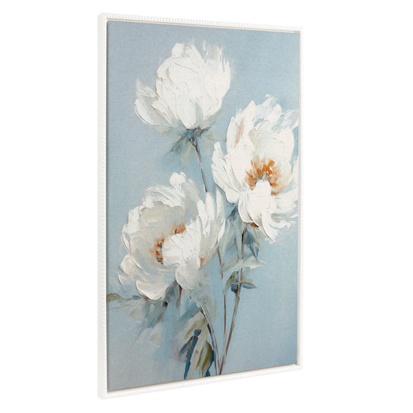 Kate & Laurel Sylvie Beaded White Peonies On Ocean Blue Framed Canvas By The Creative Bunch Studio