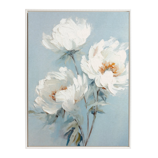 Kate & Laurel Sylvie Beaded White Peonies On Ocean Blue Framed Canvas By The Creative Bunch Studio