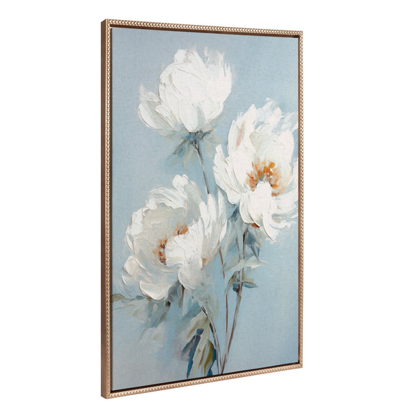 kate & laurel Sylvie Beaded White Peonies on Ocean Blue Framed Canvas by The Creative Bunch Studio