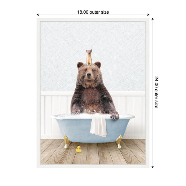 Kate & Laurel Sylvie Bear And Weasel In Cottage Blue Bathtub Framed Canvas By Amy Peterson