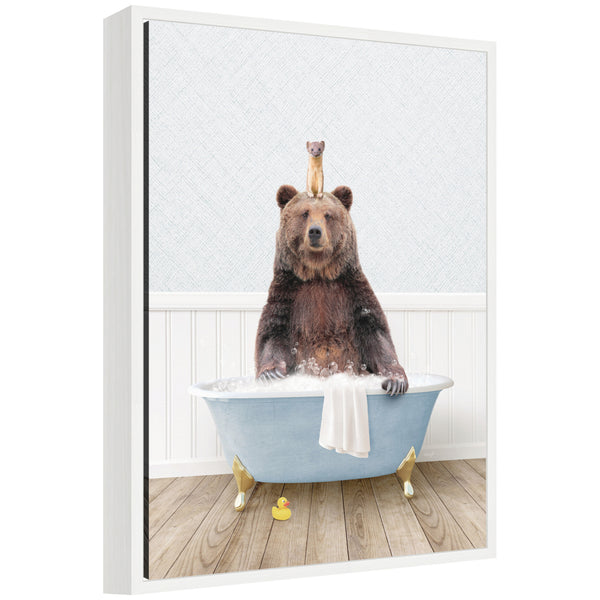 kate & laurel Sylvie Bear and Weasel in Cottage Blue Bathtub Framed Canvas by Amy Peterson
