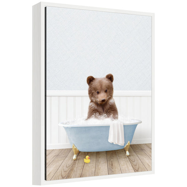 kate & laurel Sylvie Bear Cub in Cottage Blue Bathtub Framed Canvas by Amy Peterson