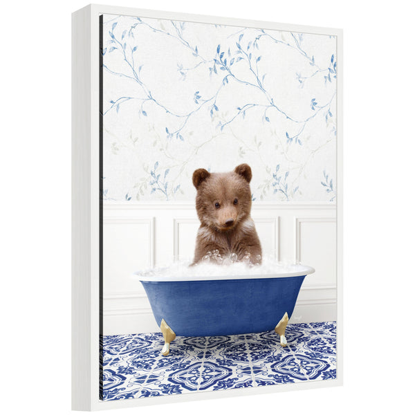 kate & laurel Sylvie Bear Cub in Eclectic Blue Bathtub Framed Canvas by Amy Peterson
