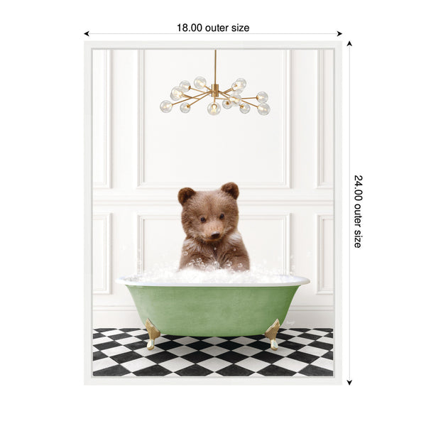 Kate & Laurel Sylvie Bear Cub In Green Bathtub Checker Floor Framed Canvas By Amy Peterson