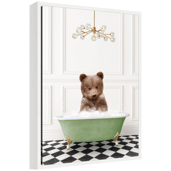 kate & laurel Sylvie Bear Cub in Green Bathtub Checker Floor Framed Canvas by Amy Peterson
