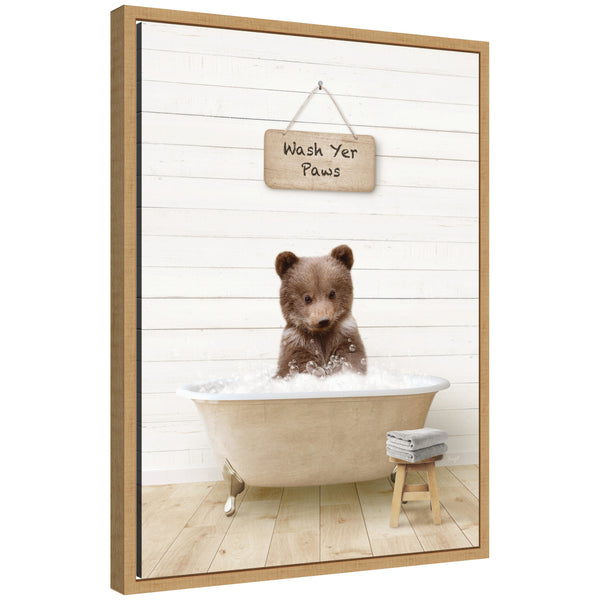 kate & laurel Sylvie Bear Cub in Modern Bathtub Wash Your Paws Framed Canvas by Amy Peterson