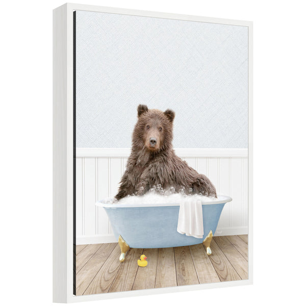 kate & laurel Sylvie Bear in Cottage Blue Bathtub Framed Canvas by Amy Peterson