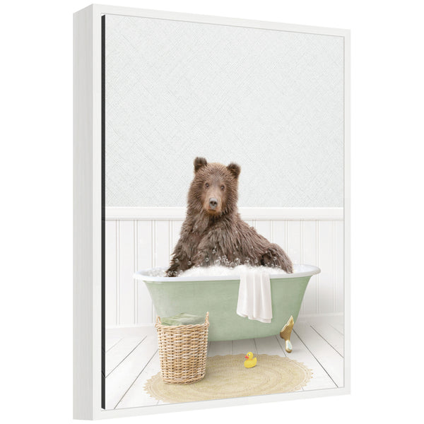 kate & laurel Sylvie Bear in Cottage Green Bath Framed Canvas by Amy Peterson