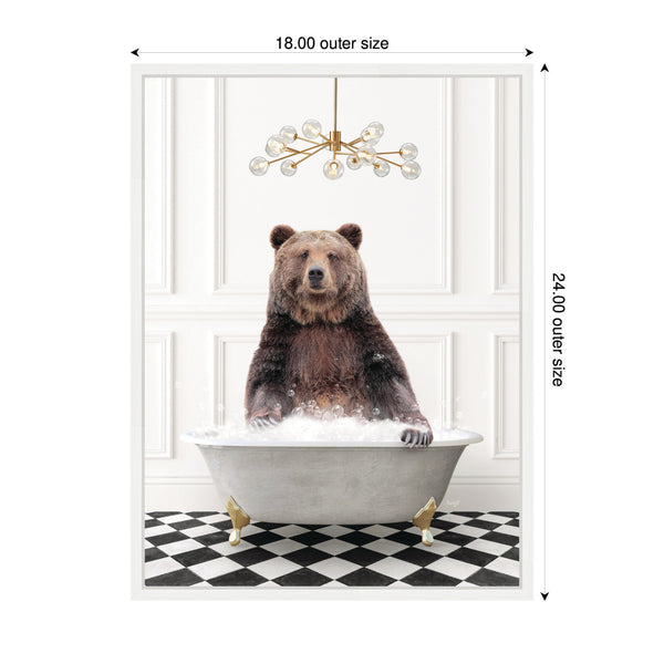 Kate & Laurel Sylvie Bear In Gray Bathtub On Checker Floor Framed Canvas By Amy Peterson
