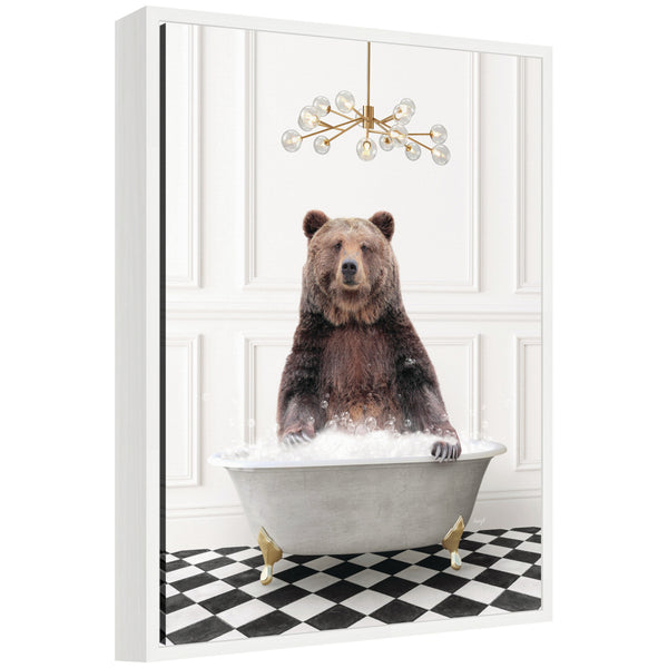 kate & laurel Sylvie Bear in Gray Bathtub on Checker Floor Framed Canvas by Amy Peterson