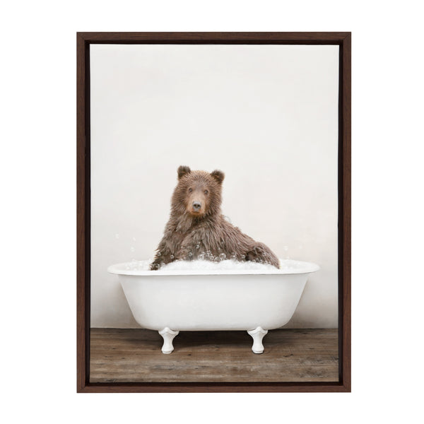 Kate & Laurel Sylvie Bear Rustic Bubble Bath Framed Canvas By Amy Peterson Art Studio