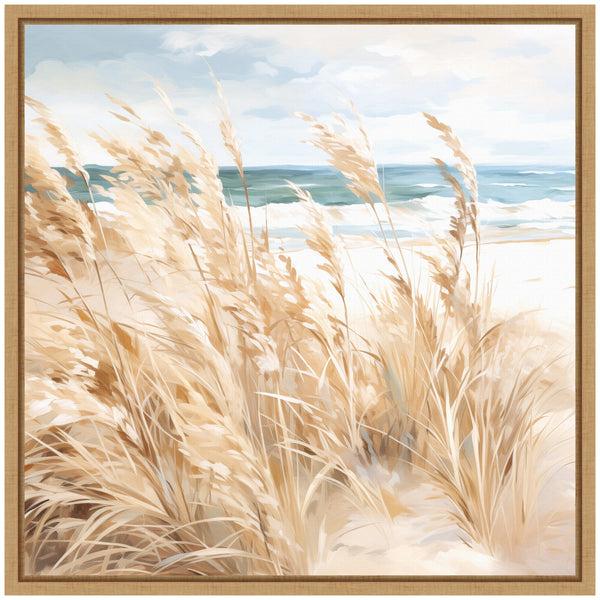 Kate & Laurel Sylvie Beige Beach Grass Near Tranquil Beach Framed Canvas By The Creative Bunch Studio