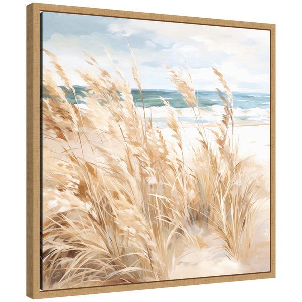 kate & laurel Sylvie Beige Beach Grass Near Tranquil Beach Framed Canvas by The Creative Bunch Studio