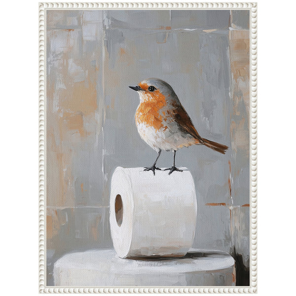 Kate & Laurel Sylvie Bird Standing On Toilet Paper Roll Toilet Bathroom Art Framed Canvas By The Creative Bunch Studio