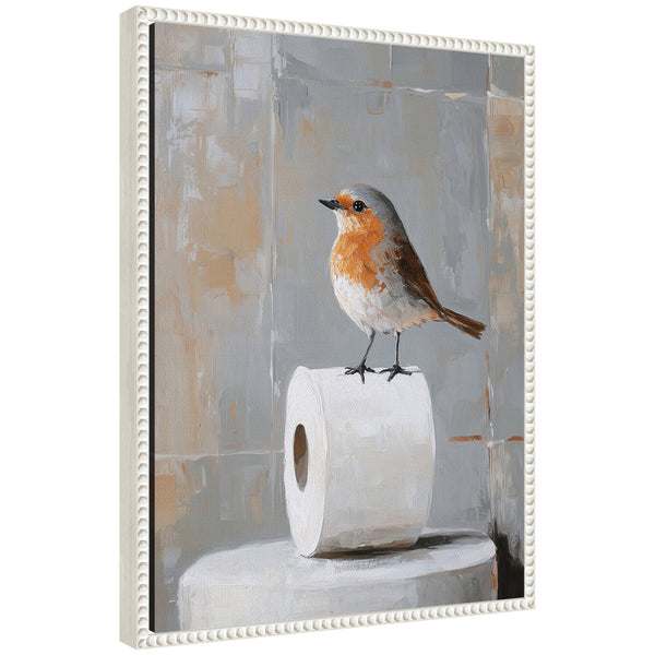 kate & laurel Sylvie Bird Standing on Toilet Paper Roll Toilet Bathroom Art Framed Canvas by The Creative Bunch Studio
