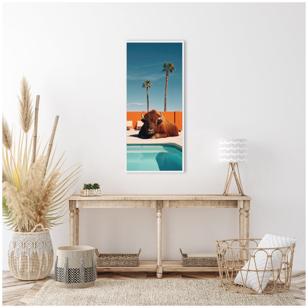 Kate & Laurel Sylvie Bison Chilling By The Pool In California Framed Canvas By Michael Schauer