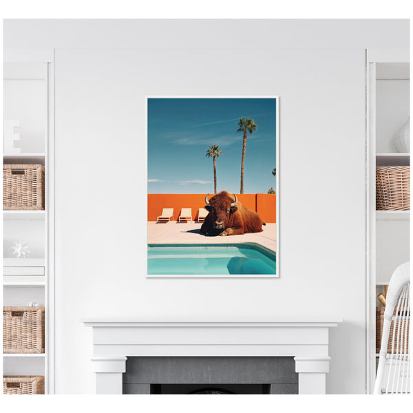 Kate & Laurel Sylvie Bison Chilling By The Pool In California Framed Canvas By Michael Schauer