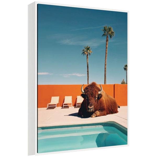 kate & laurel Sylvie Bison Chilling by the Pool in California Framed Canvas by Michael Schauer