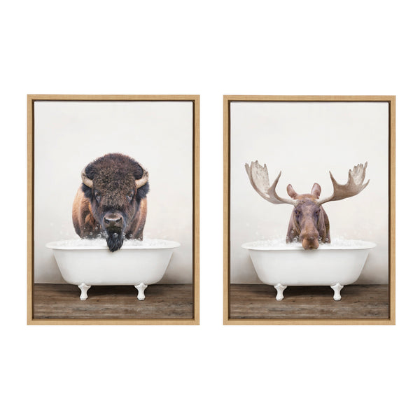Kate & Laurel Sylvie Bison Rustic Bubble Bath And Moose Rustic Bubble Bath Framed Canvas By Amy Peterson Art Studio