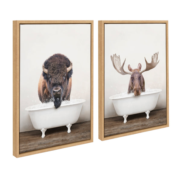 kate & laurel Sylvie Bison Rustic Bubble Bath and Moose Rustic Bubble Bath Framed Canvas by Amy Peterson Art Studio