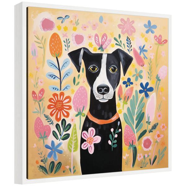 kate & laurel Sylvie Black and White Dog Botantical Yellow Framed Canvas by The Creative Bunch Studio
