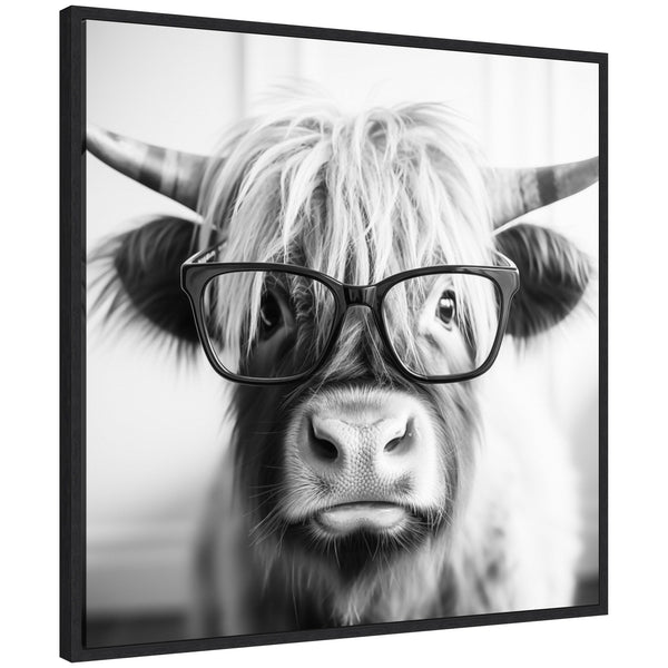 Kate & Laurel Sylvie Black And White Highland Cow In Reading Glasses Framed Canvas By The Creative Bunch Studio