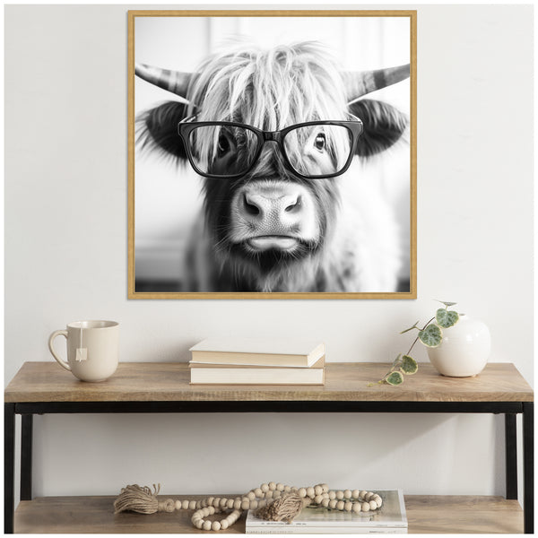 Kate & Laurel Sylvie Black And White Highland Cow In Reading Glasses Framed Canvas By The Creative Bunch Studio
