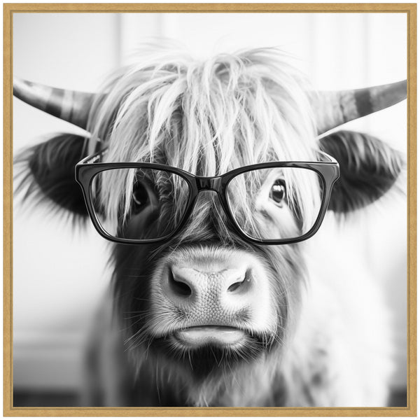 Kate & Laurel Sylvie Black And White Highland Cow In Reading Glasses Framed Canvas By The Creative Bunch Studio