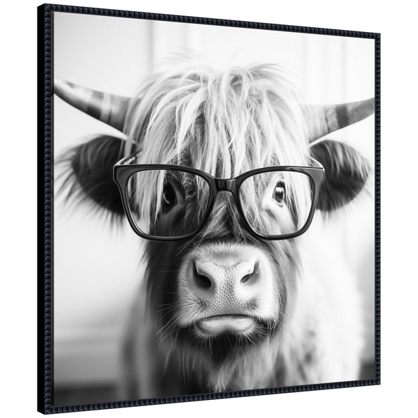 kate & laurel Sylvie Black and White Highland Cow in Reading Glasses Framed Canvas by The Creative Bunch Studio