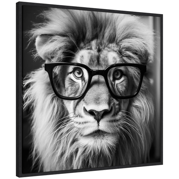 Kate & Laurel Sylvie Black And White Lion In Reading Glasses Framed Canvas By The Creative Bunch Studio