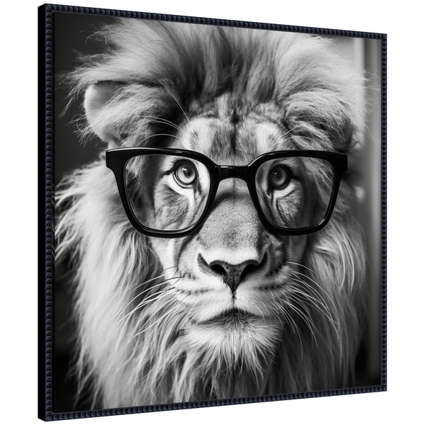 Kate & Laurel Sylvie Black And White Lion In Reading Glasses Framed Canvas By The Creative Bunch Studio