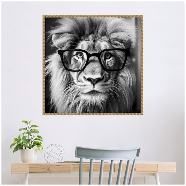 Kate & Laurel Sylvie Black And White Lion In Reading Glasses Framed Canvas By The Creative Bunch Studio