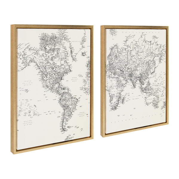 Kate & Laurel Sylvie Black And White Modern Retro World Map Framed Canvas Set By The Creative Bunch Studio